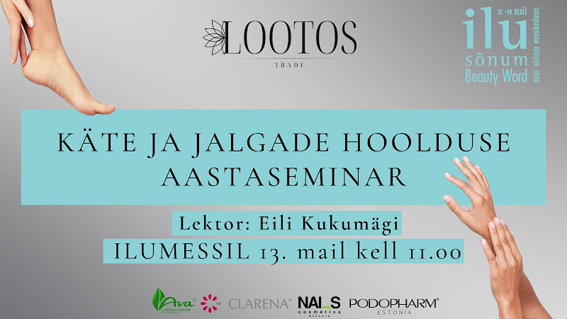 Seminarile ootame k&uuml;&uuml;netehnikuid, jalahoolduse spetsialiste ning kosmeetikuid ehk k&otilde;igile, kes tegelevad k&auml;te ja jalgade hooldusega, mistahes vormis. Seminari viib l&auml;bi Eili Kukum&auml;gi - pikaaegse kogemusega spetsialist, kes on keskendunud just jalgade ja k&auml;te murede lahendamisele. Eili on oma teadmisi kogunud erinevatest riikides v&auml;ga k&otilde;rgelt hinnatud spetsialistide k&auml;e all &otilde;ppides! MILLEST R&Auml;&Auml;GIME? Erinevad nahaprobleemid - allergiad, dermatiidid, psoriaas, l&otilde;henemine, kuivus, vananemine jne. Erinevad k&uuml;&uuml;nte probleemid - deformatsioonid, traumad, on&uuml;hhol&uuml;&uuml;s, p&otilde;hilised haigused k&uuml;&uuml;ntel, levinumad anomaaliad jne. Eelloetletud murede p&otilde;hjused, kuidas saaksime neid probleeme aidata lahendada ja ravimist toetada. Kosmeetilised happed k&auml;te ja jalgade hoolduses - mis imesid nende abil saame kroda saata. T&auml;nap&auml;evased kunstmaterjalid (geelid, geellakid jne). Nende ohud klientidele, ohtude v&auml;ltimine, mida teha, kui "pahandus" on juhtunud Kas teadsid, et kunstmaterjalid v&otilde;ivad olla hoopis probleemide lahenduseks? Kuidas ja millistele - tule kuula! KUI PALJU MAKSAB JA KUIDAS REGISTREERIDA? Tavahind on 100 &euro;, Ilumessi pakkumine 50 &euro;. Registreerimine on kohustuslik trade@lootos.ee. Koha seminaril tahab &otilde;igeaegselt tasutud ettemaksuarve. PS! Seminaril osalejad p&auml;&auml;sevad Ilumessile tasuta! NB! KOHTADE ARV ON PIIRATUD!&nbsp;